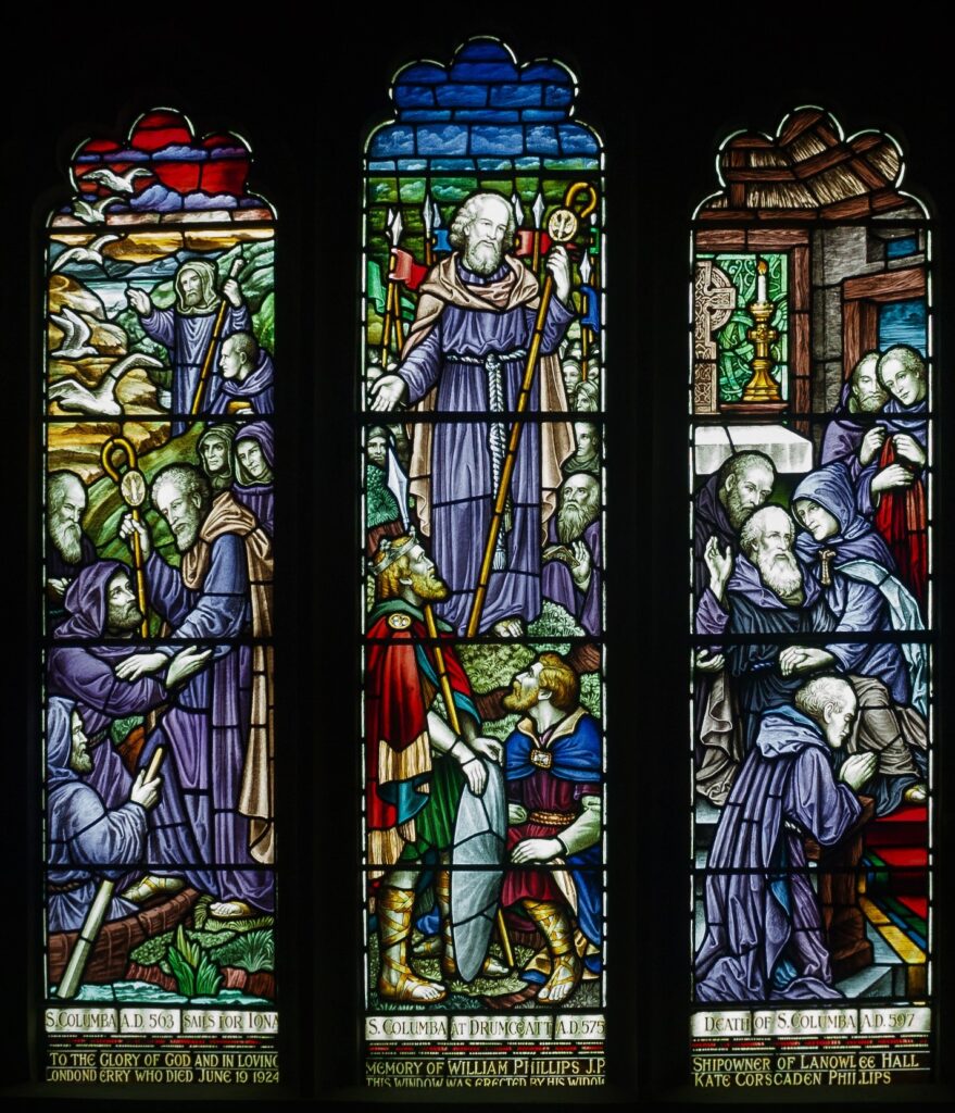 Derry History - Stained glass depicting St Columba the founding father of Derry